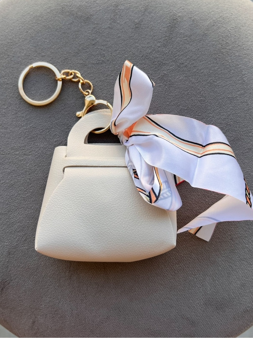 Cream Mini Purse Keychain Bag Charm Bag with Scarf